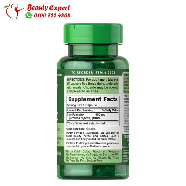 puritan’s pride Saw palmetto 450 mg 100 capsules for men - Image 3