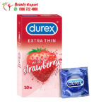 واقي ذكري ديوريكس رفيع للغاية لزيادة الإحساس والسعادة الزوجية فراولة 10 قطع - Durex Extra Thin Wild Strawberry Flavoured Condoms for Men