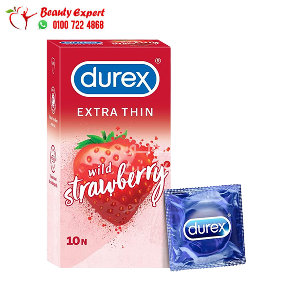 واقي ذكري ديوريكس رفيع للغاية لزيادة الإحساس والسعادة الزوجية فراولة 10 قطع - Durex Extra Thin Wild Strawberry Flavoured Condoms for Men